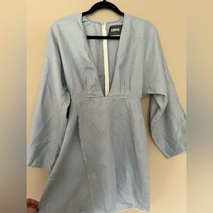 Reformation blue linen dress with long sleeves